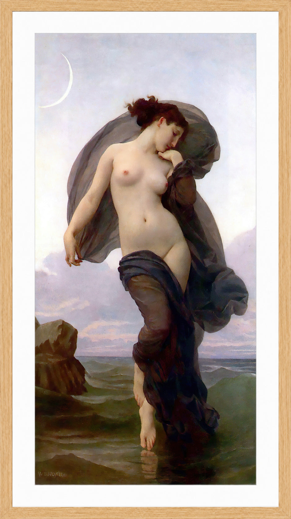 William-Adolphe Bouguereau Print, Evening Mood (1882) in a light oak frame