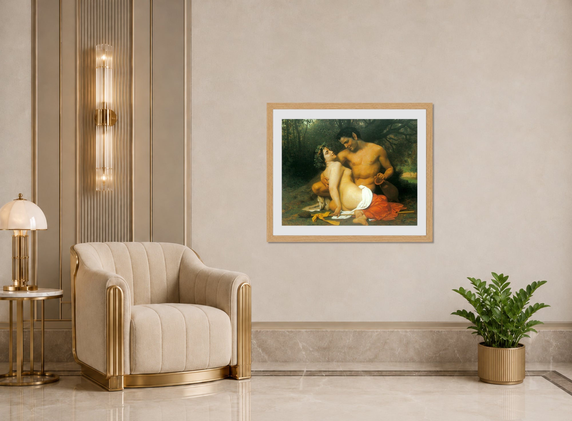 William-Adolphe Bouguereau Print, Faun and Bacchante (1860) displayed in an Art Deco interior