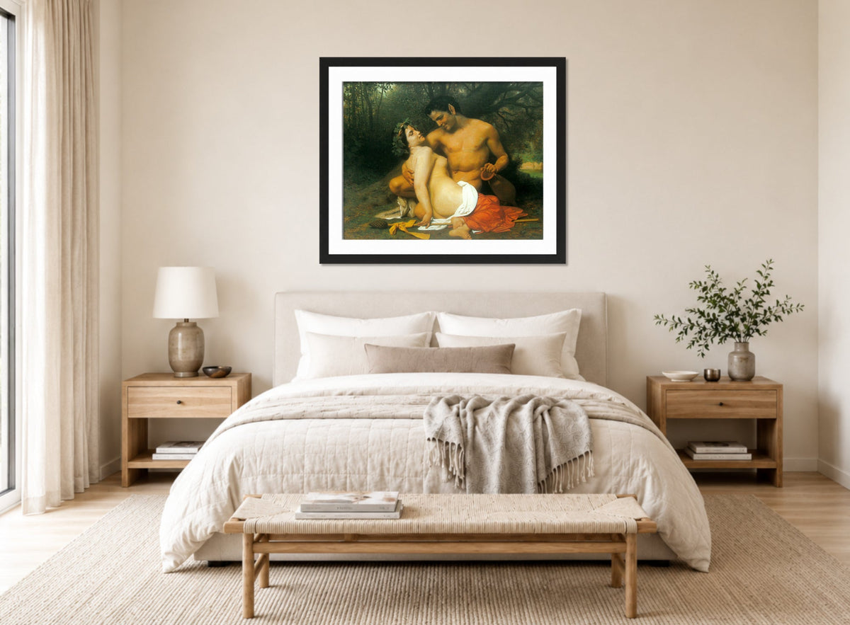 William-Adolphe Bouguereau Print, Faun and Bacchante (1860) displayed above a bed