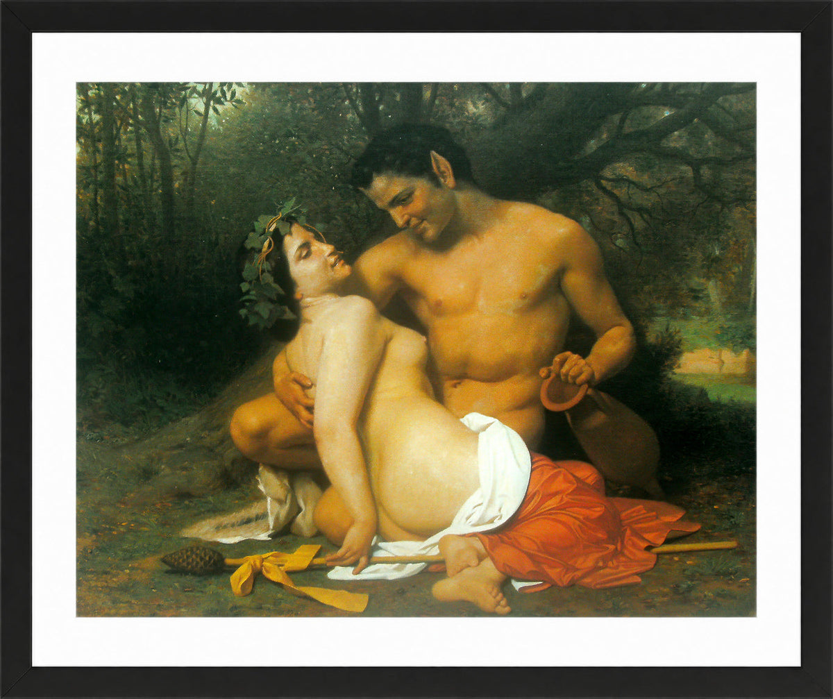 William-Adolphe Bouguereau Print, Faun and Bacchante (1860) in a black frame