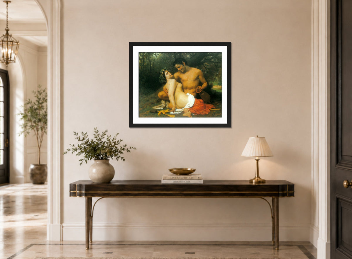 William-Adolphe Bouguereau Print, Faun and Bacchante (1860) displayed above a console table
