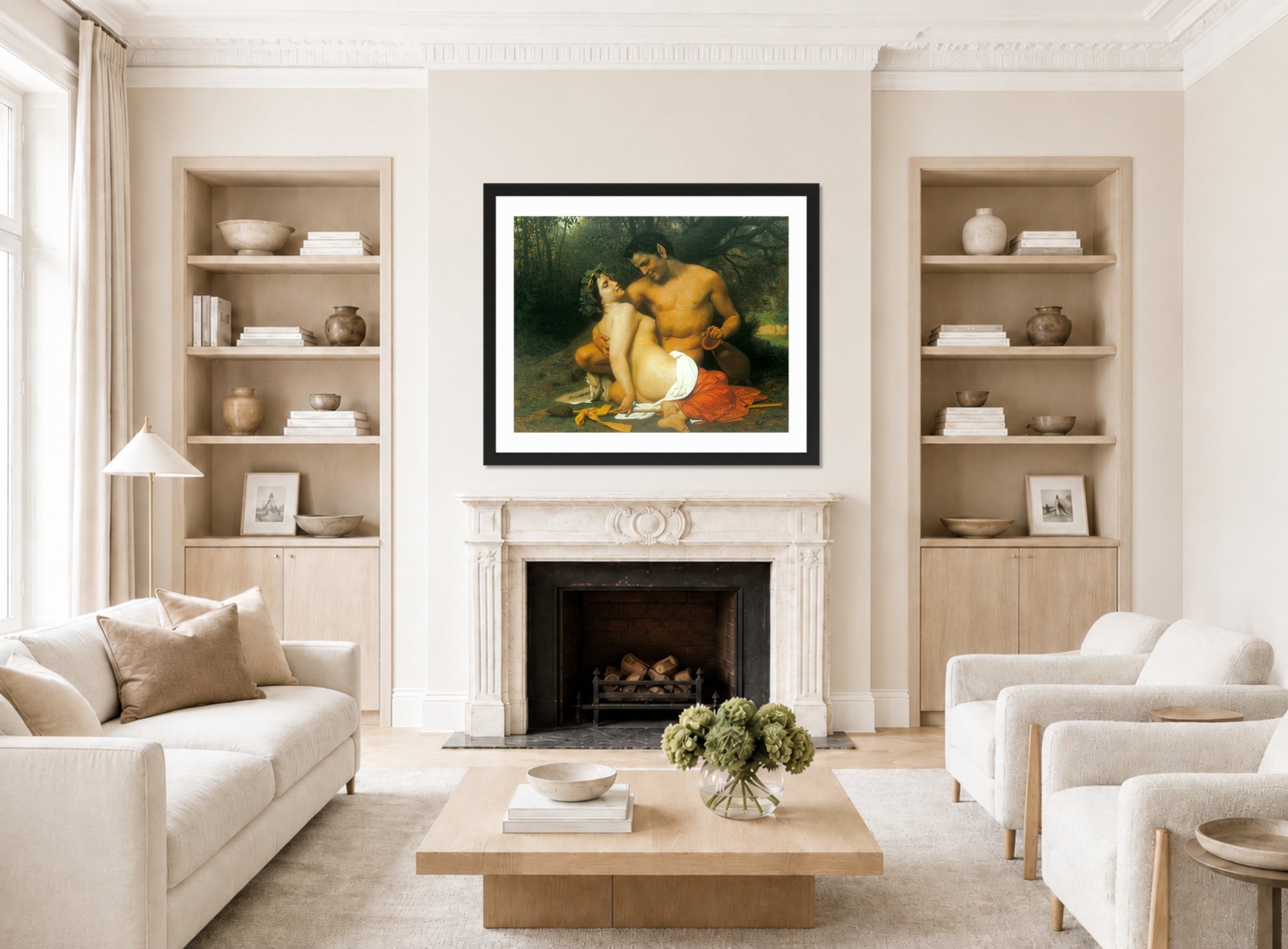William-Adolphe Bouguereau Print, Faun and Bacchante (1860) displayed in a Scandinavian living room