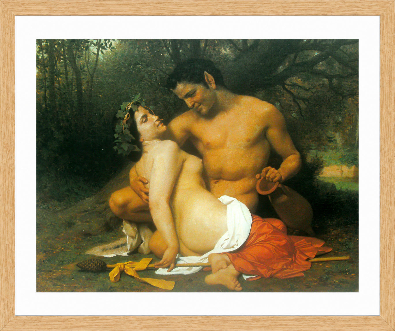 William-Adolphe Bouguereau Print, Faun and Bacchante (1860) in a light oak frame