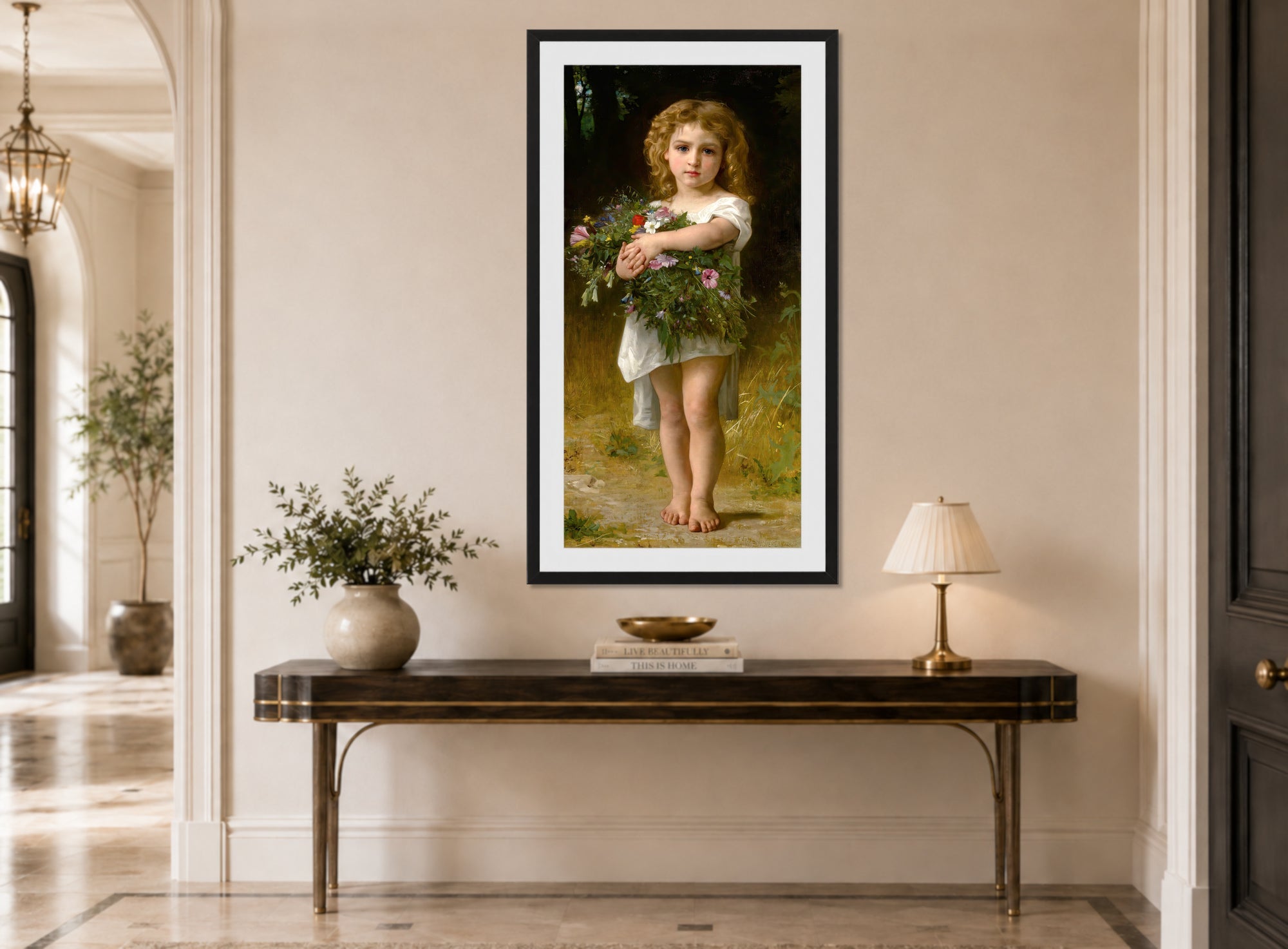 William-Adolphe Bouguereau Print, Fleurs De Printemps (1878) displayed above a console table