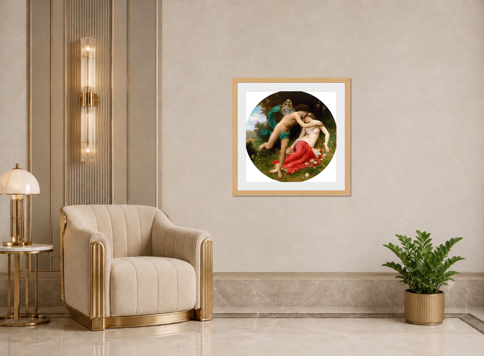 William-Adolphe Bouguereau Print, Flora And Zephyr (1875) displayed in an Art Deco interior