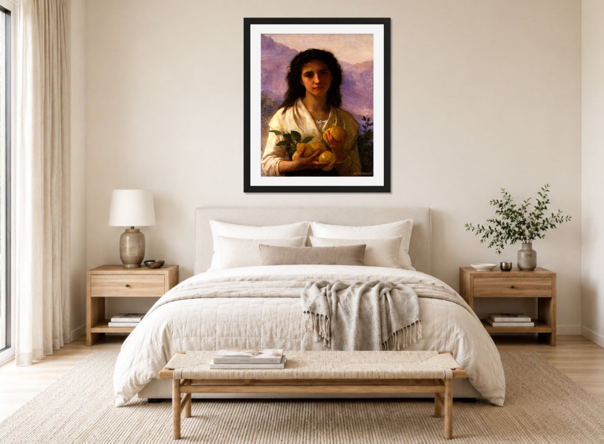 William-Adolphe Bouguereau Print, Girl Holding Lemons (1899) displayed above a bed