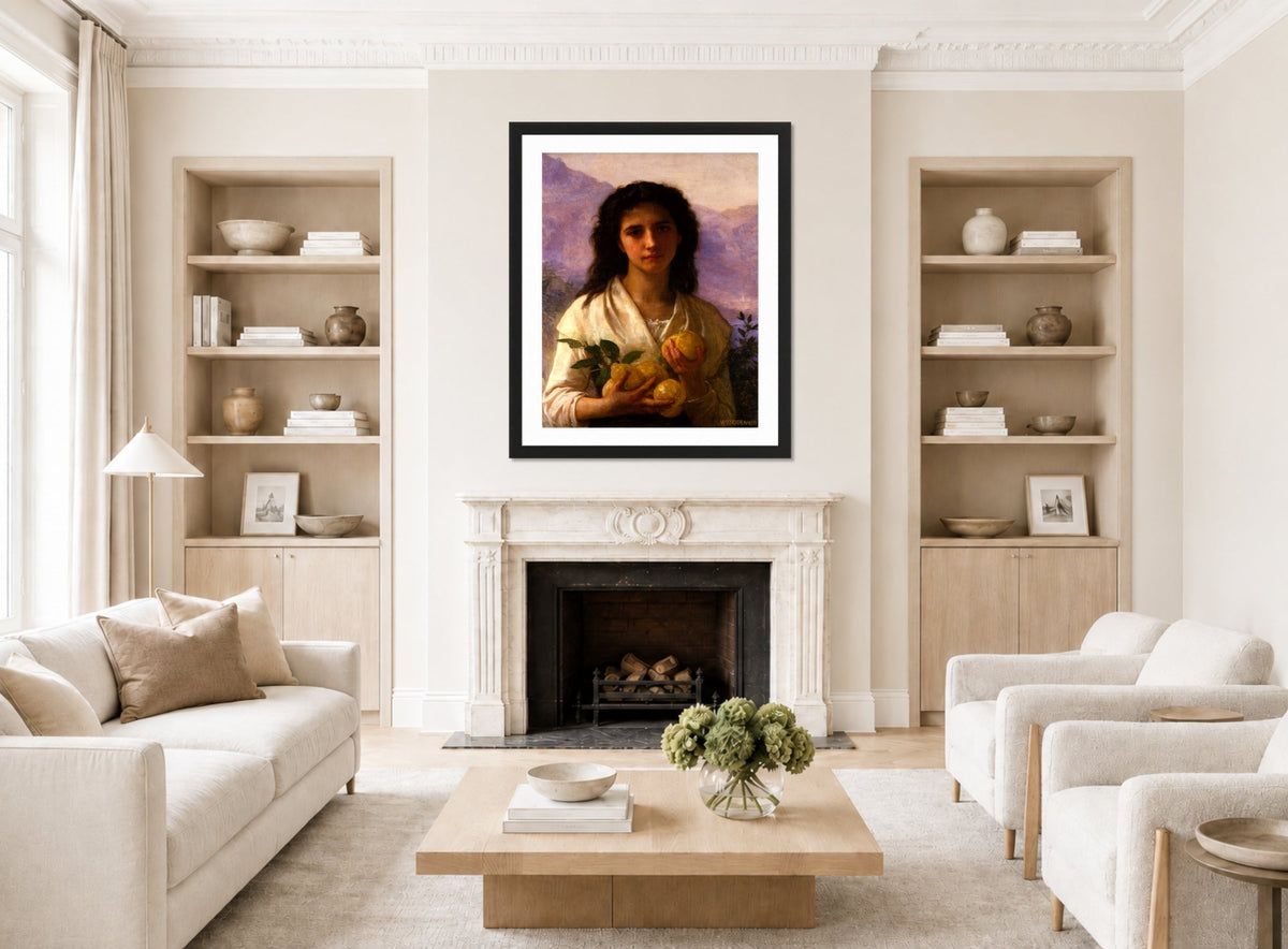 William-Adolphe Bouguereau Print, Girl Holding Lemons (1899) displayed in a Scandinavian living room
