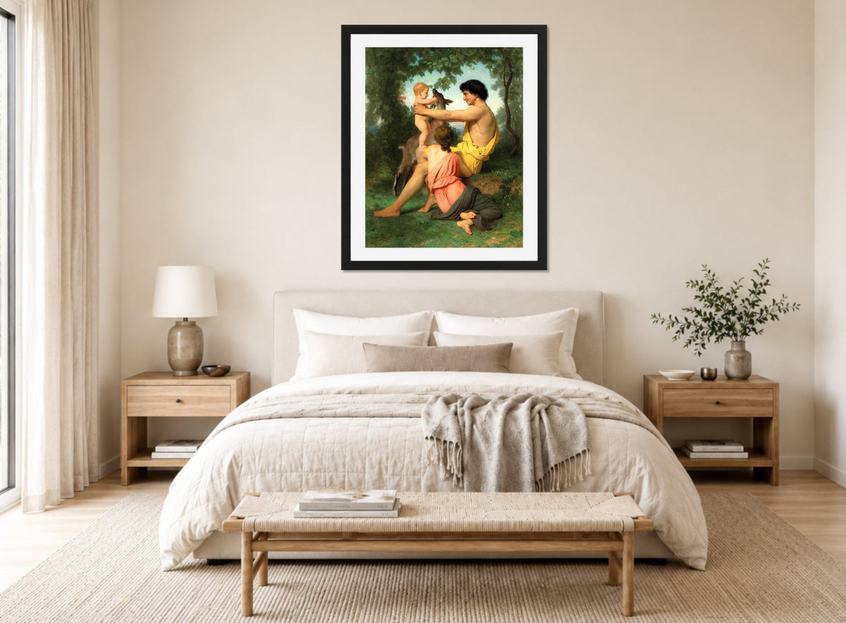 William-Adolphe Bouguereau Print, Idylle; famille antique displayed above a bed