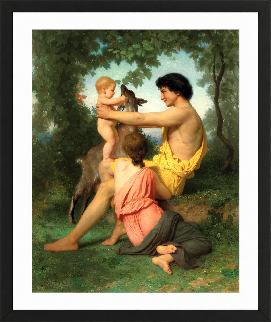 William-Adolphe Bouguereau Print, Idylle; famille antique in a black frame