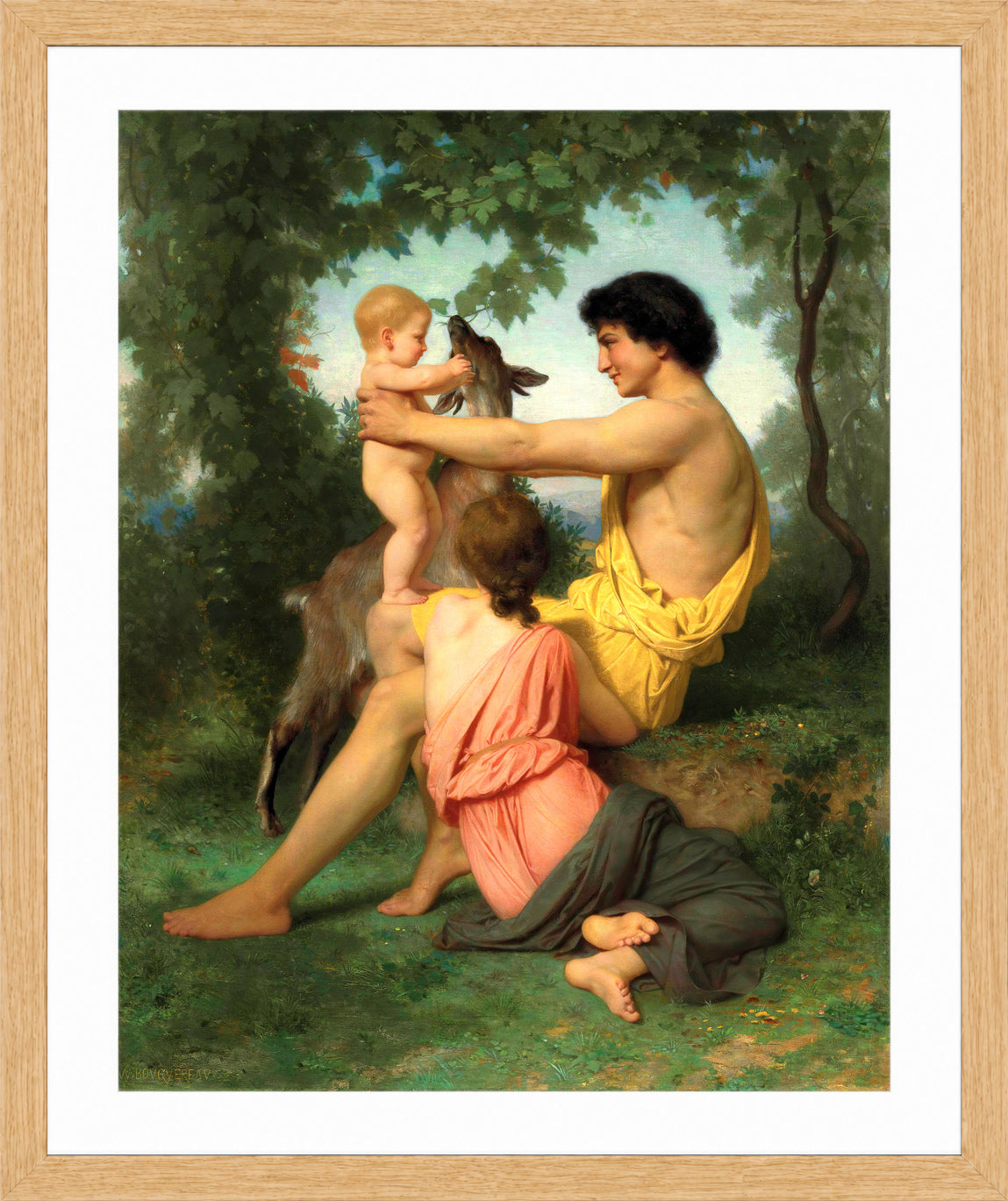 William-Adolphe Bouguereau Print, Idylle; famille antique in a light oak frame