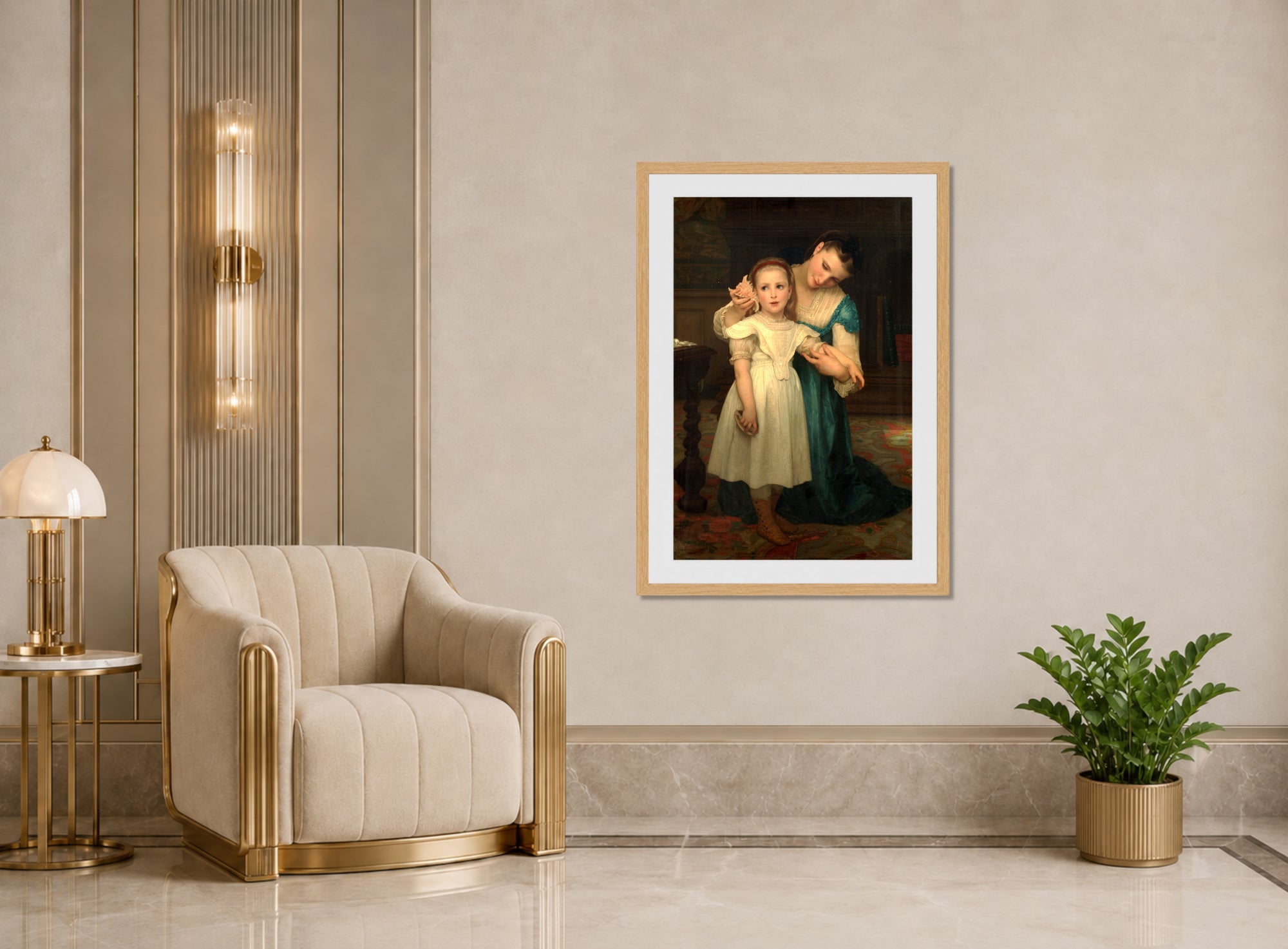 William-Adolphe Bouguereau Print, Indoors (1840-1905) displayed in an Art Deco interior