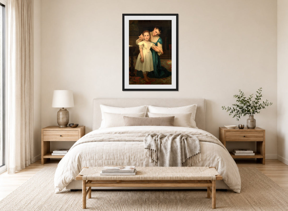 William-Adolphe Bouguereau Print, Indoors (1840-1905) displayed above a bed