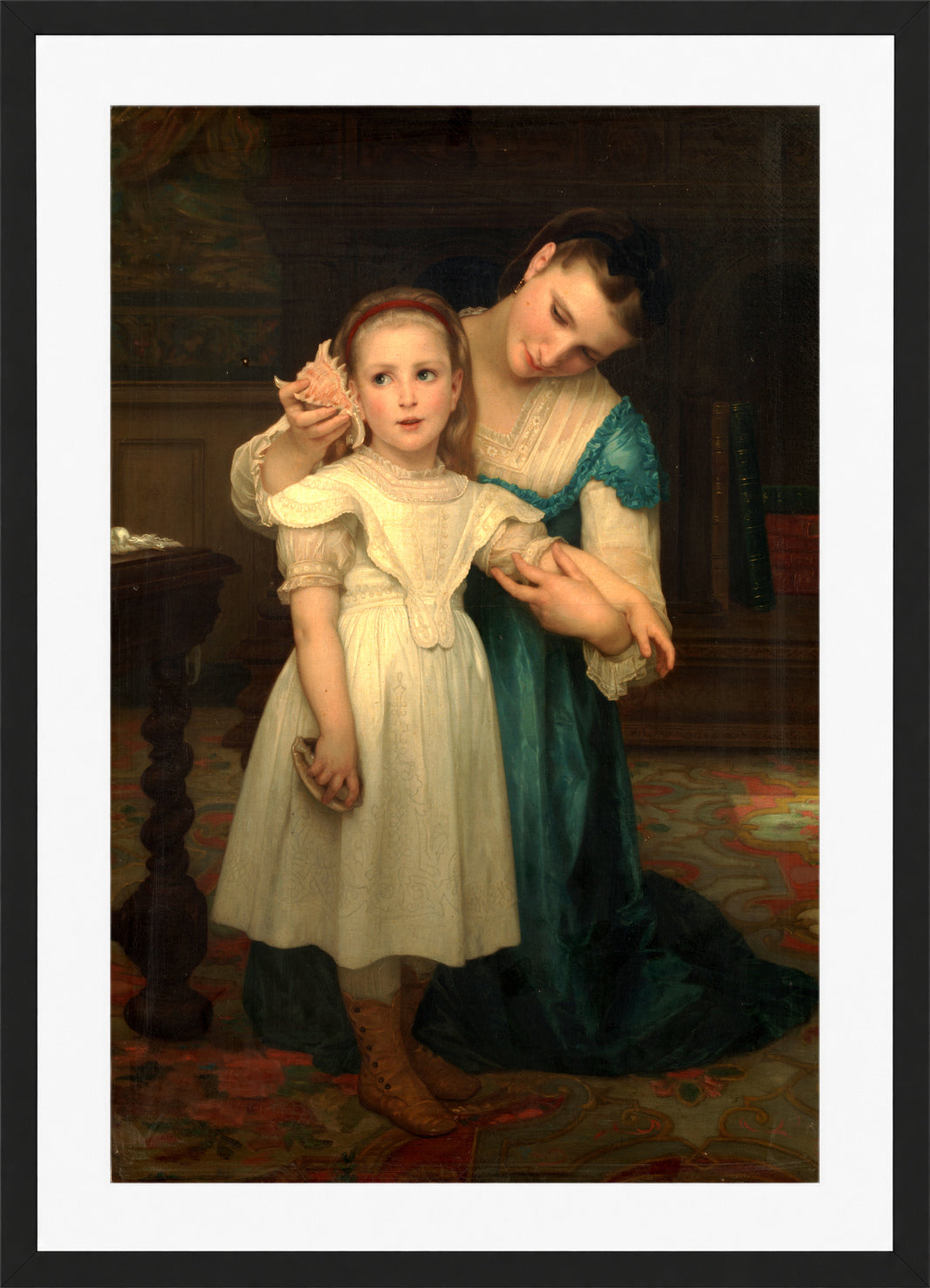 William-Adolphe Bouguereau Print, Indoors (1840-1905) in a black frame
