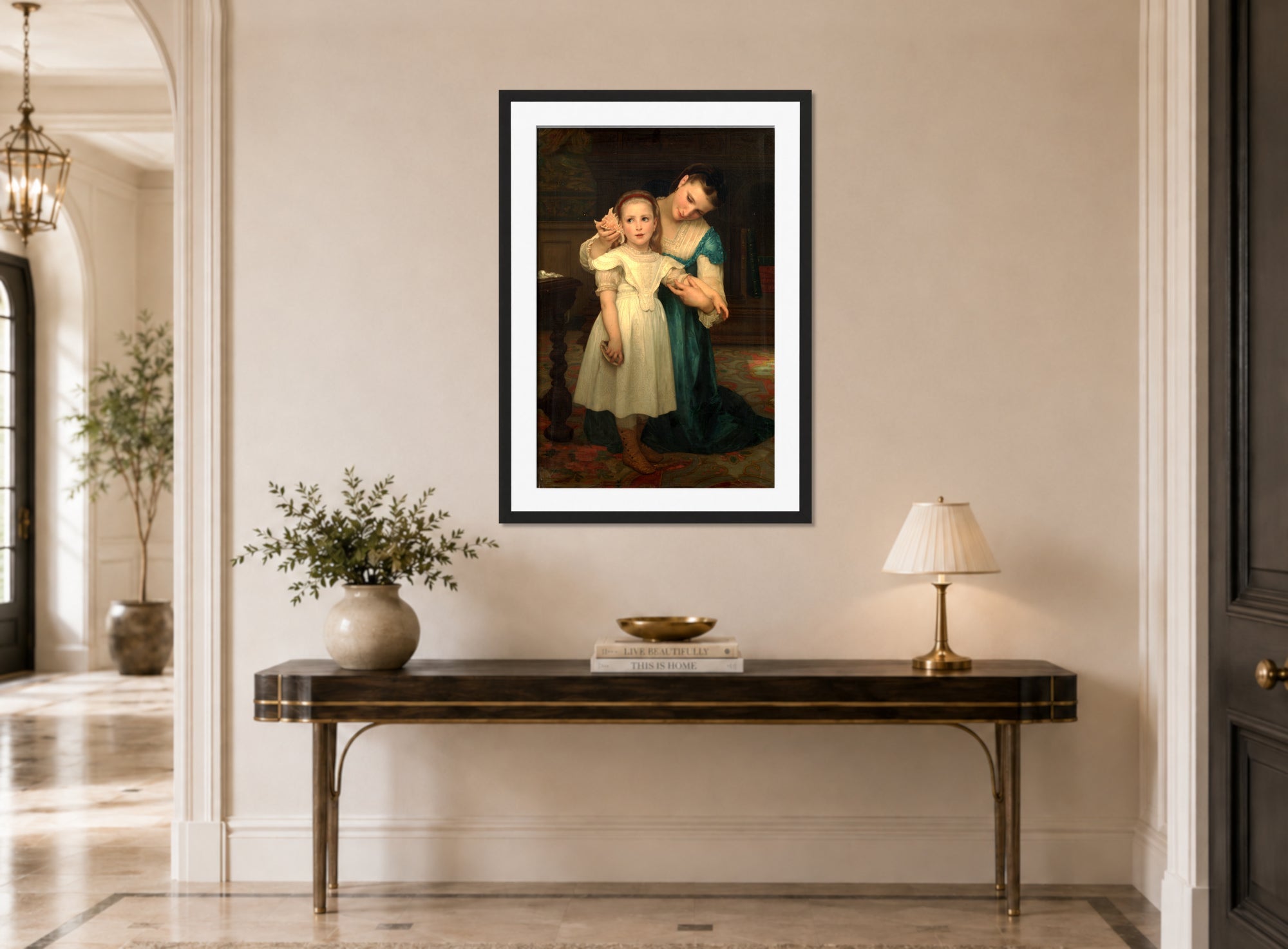 William-Adolphe Bouguereau Print, Indoors (1840-1905) displayed above a console table