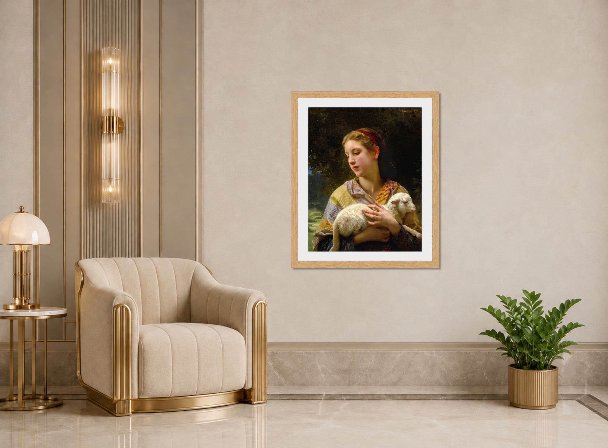 William-Adolphe Bouguereau Print, Innocence (1873) displayed in an Art Deco interior