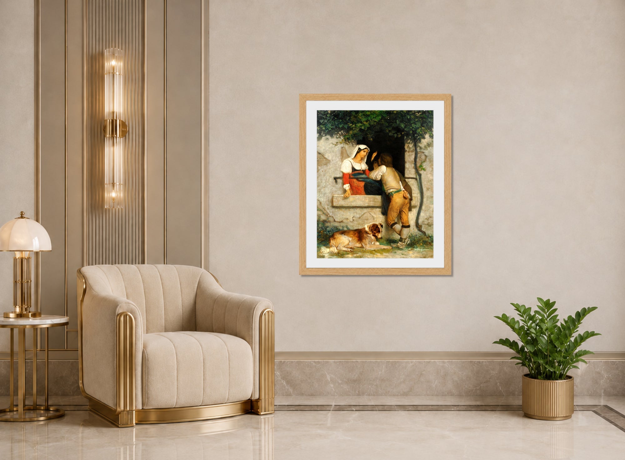 William-Adolphe Bouguereau Print, Italian Lovers displayed in an Art Deco interior