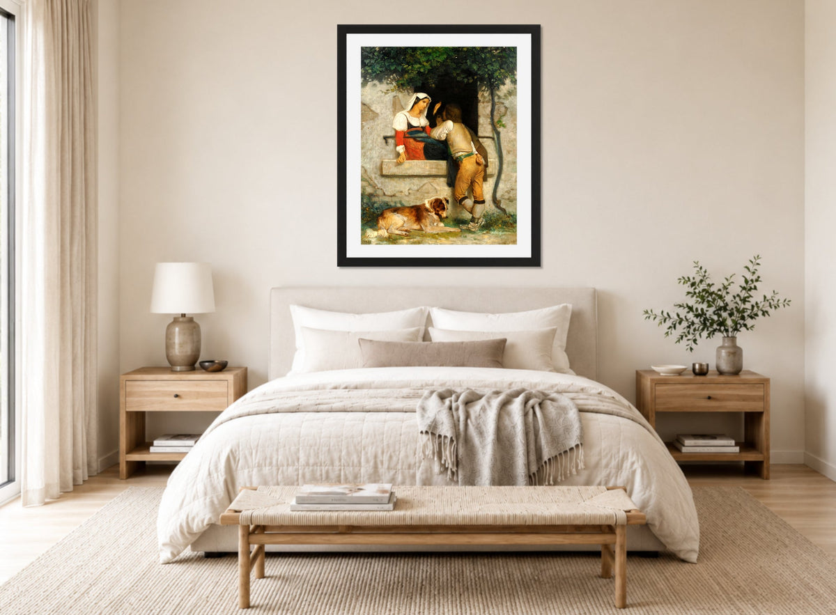 William-Adolphe Bouguereau Print, Italian Lovers displayed above a bed