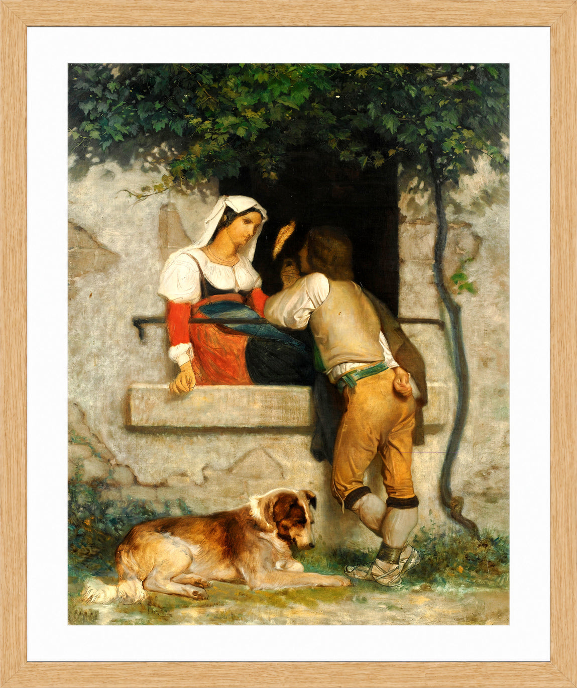 William-Adolphe Bouguereau Print, Italian Lovers in a light oak frame
