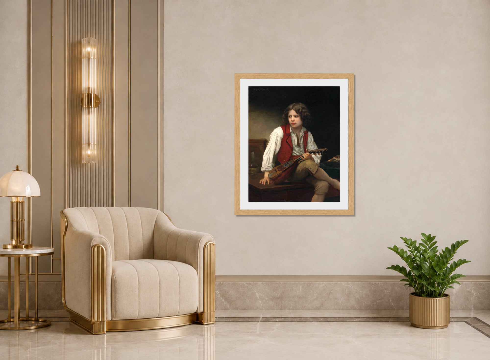 William-Adolphe Bouguereau Print, Italien à la mandoline (1870) displayed in an Art Deco interior