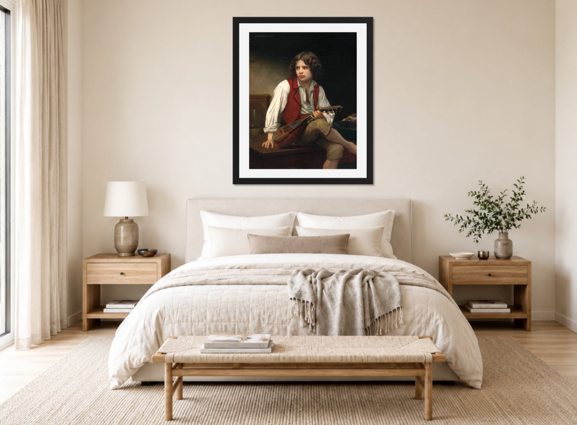 William-Adolphe Bouguereau Print, Italien à la mandoline (1870) displayed above a bed