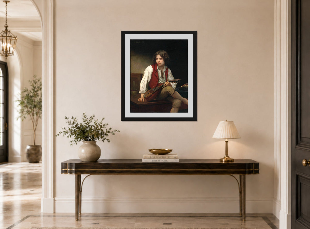 William-Adolphe Bouguereau Print, Italien à la mandoline (1870) displayed above a console table