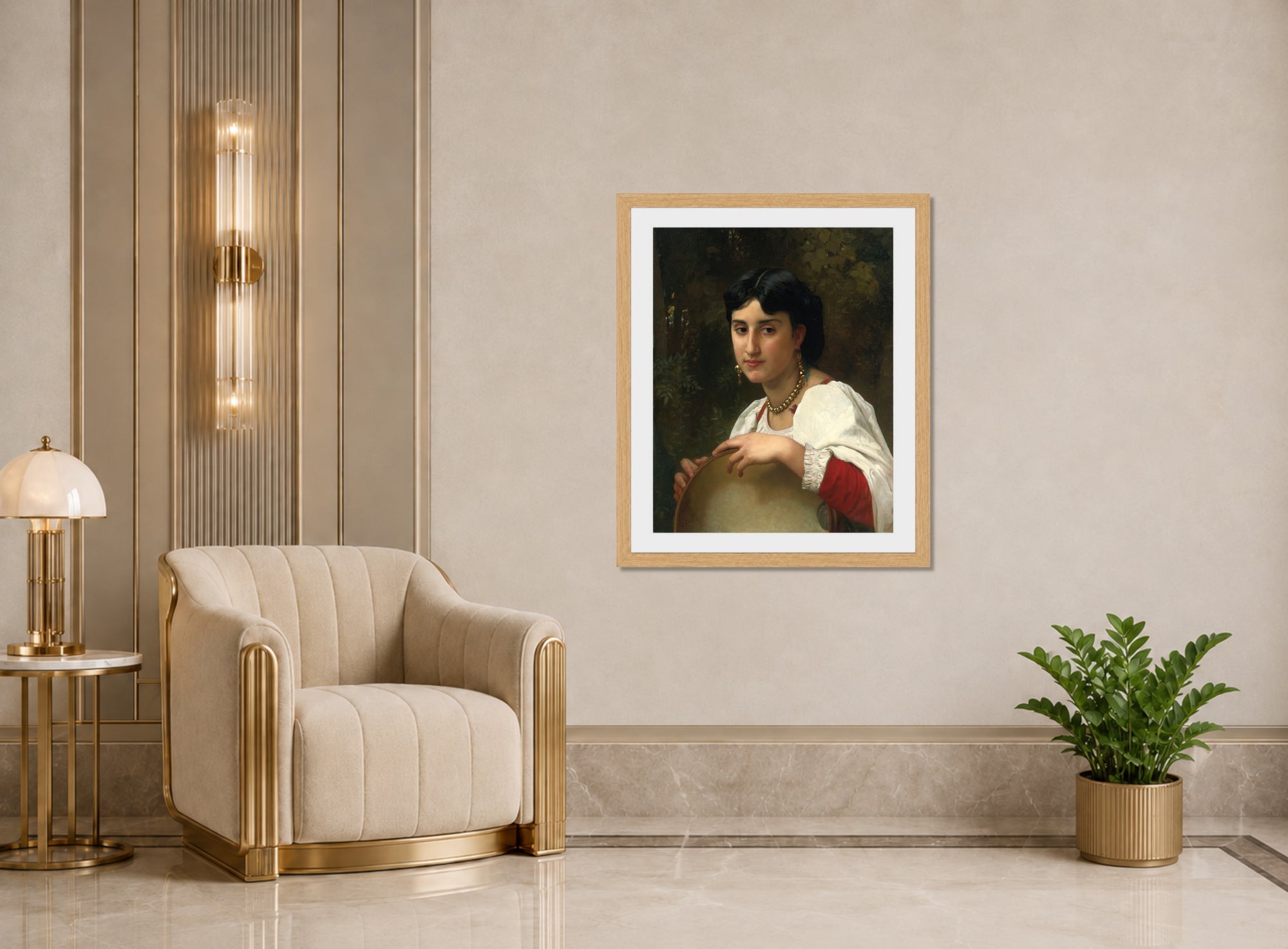 William-Adolphe Bouguereau Print, Italienne Au Tambourin (1869) displayed in an Art Deco interior