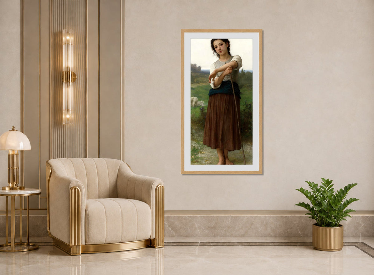 William-Adolphe Bouguereau Print, Jeune bergère debout (1887) displayed in an Art Deco interior
