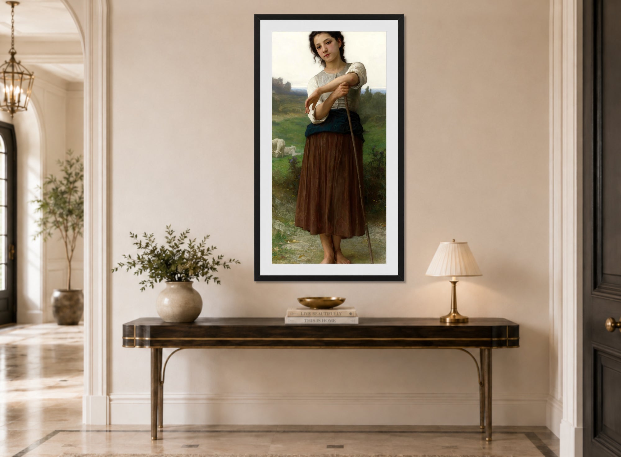 William-Adolphe Bouguereau Print, Jeune bergère debout (1887) displayed above a console table