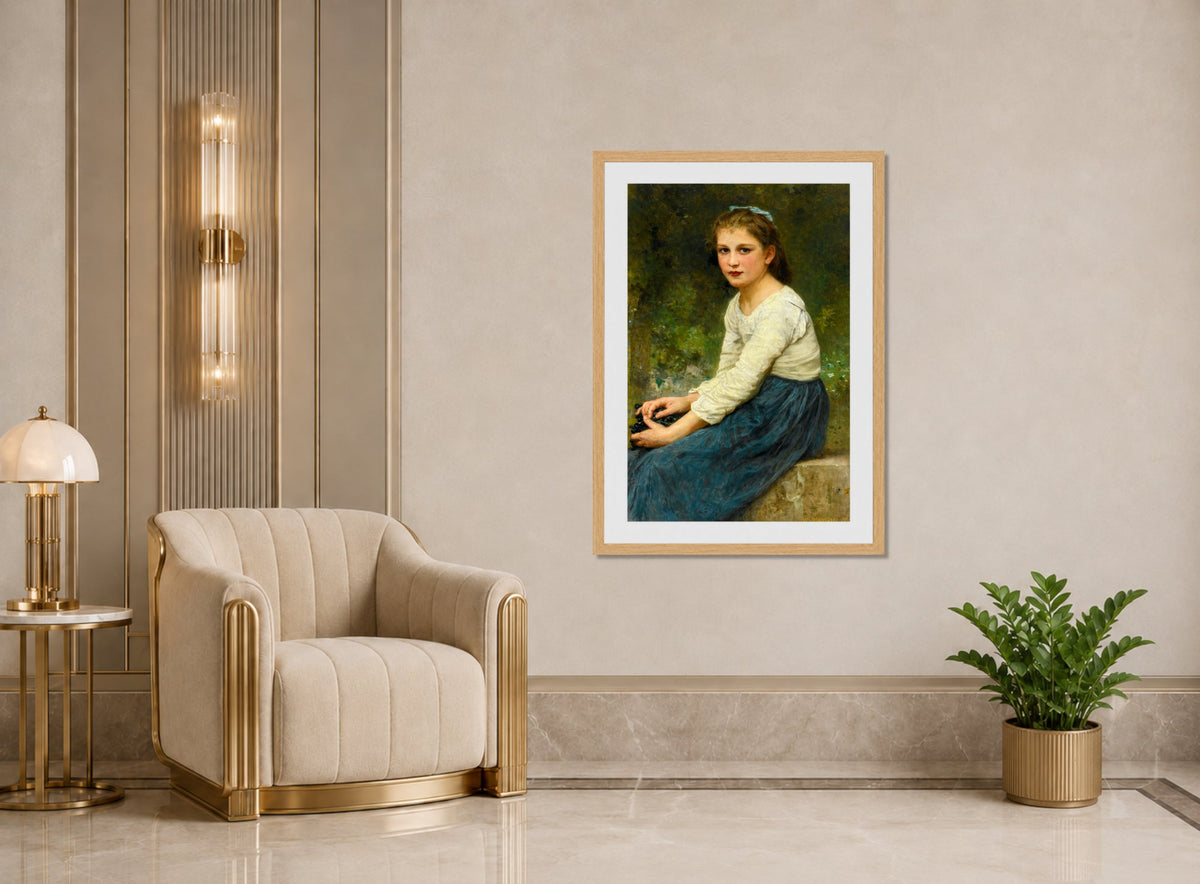 William-Adolphe Bouguereau Print, Jeune Fille Aux Raisins (1904) displayed in an Art Deco interior