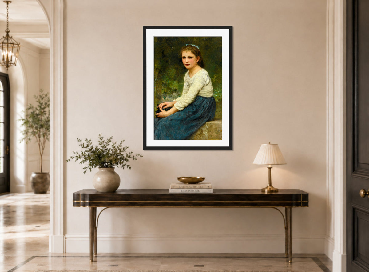 William-Adolphe Bouguereau Print, Jeune Fille Aux Raisins (1904) displayed above a console table