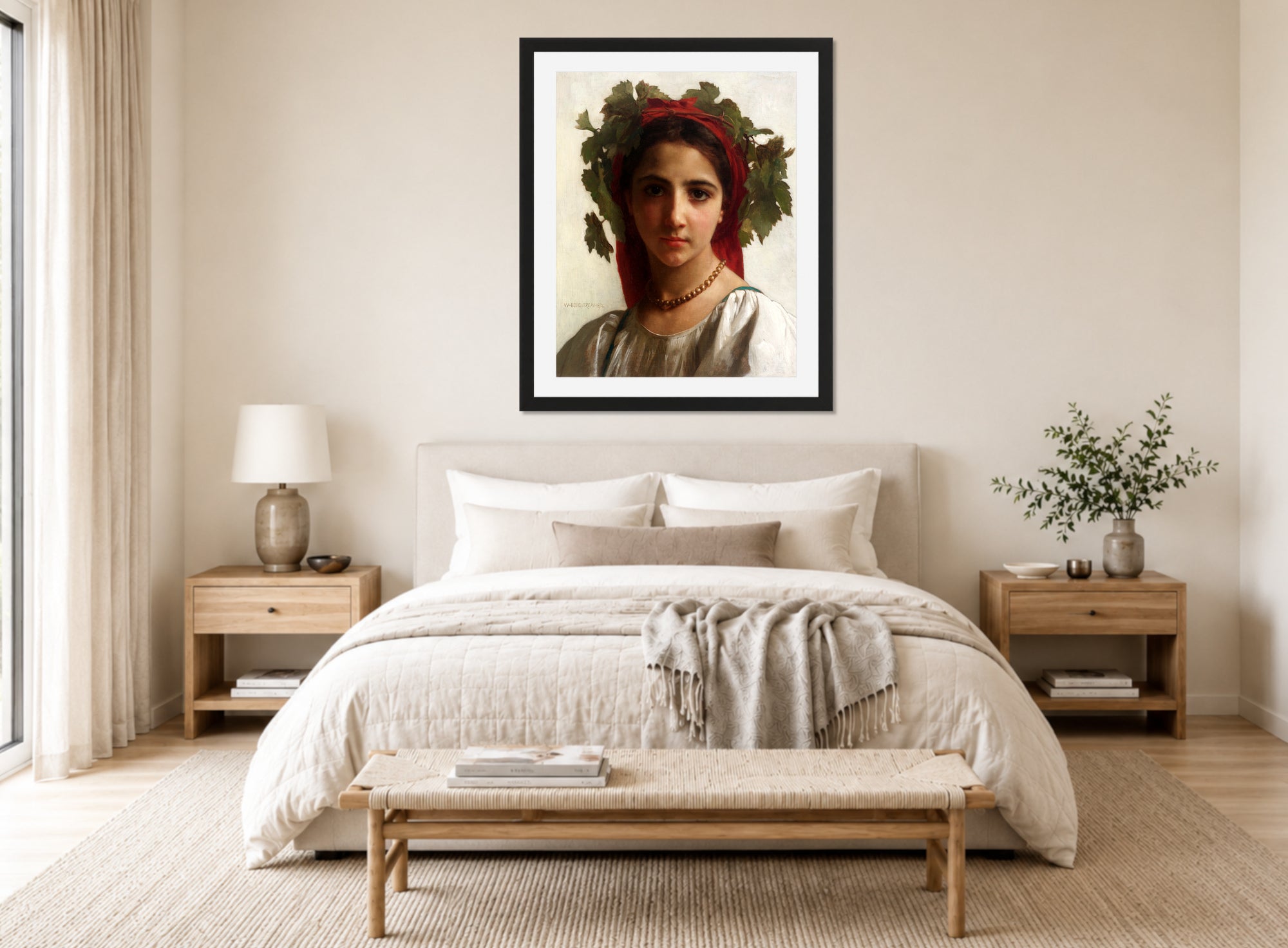William-Adolphe Bouguereau Print, Jeune fille couronnée de pampres (1874) displayed above a bed