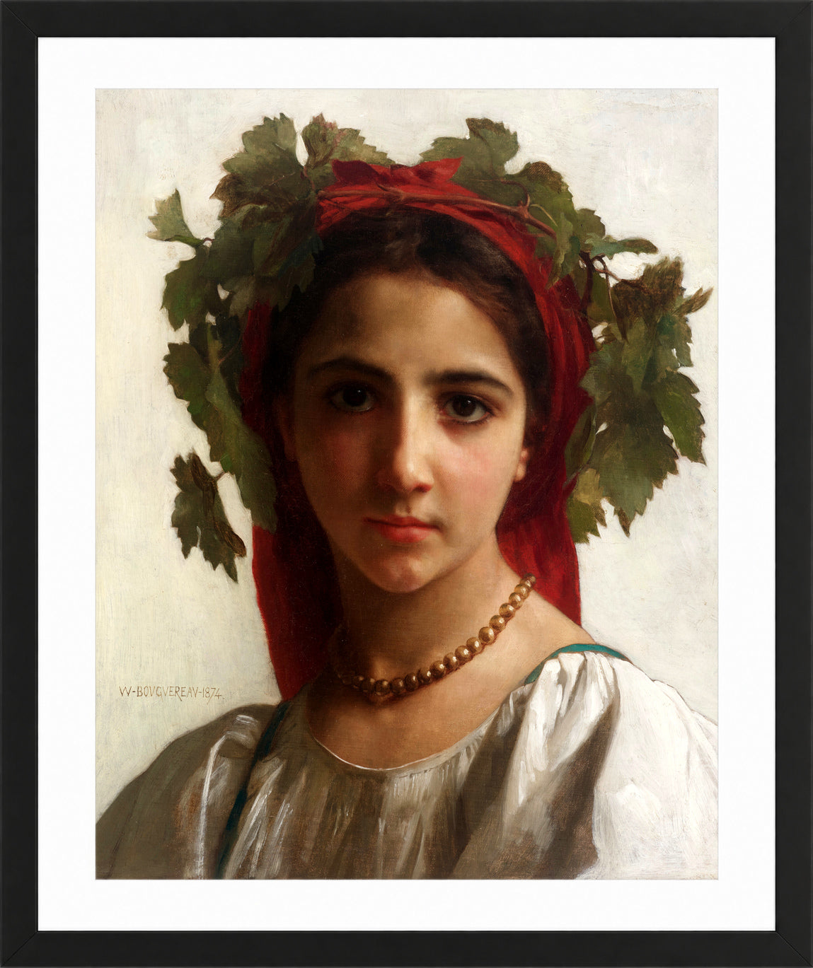 William-Adolphe Bouguereau Print, Jeune fille couronnée de pampres (1874) in a black frame
