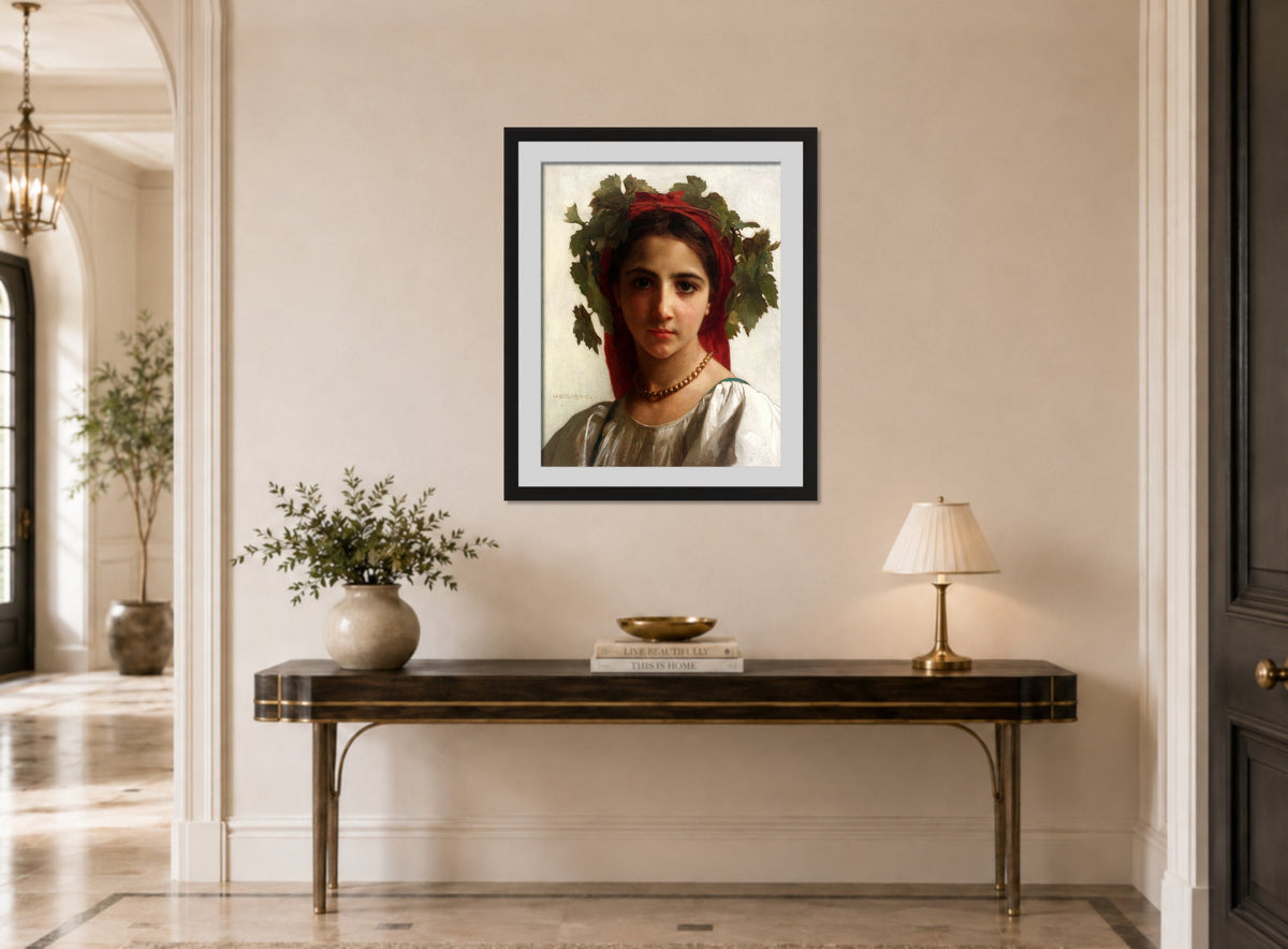William-Adolphe Bouguereau Print, Jeune fille couronnée de pampres (1874) displayed above a console table