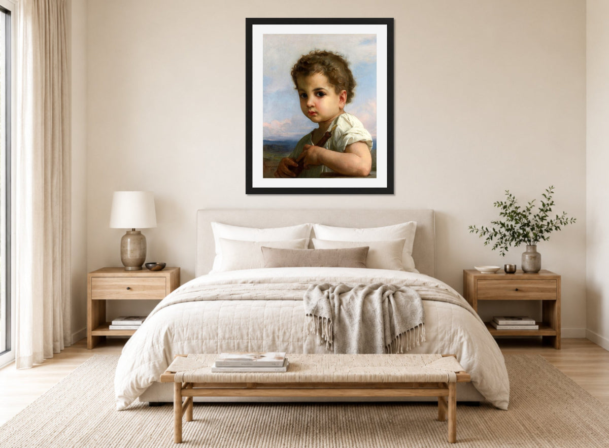 William-Adolphe Bouguereau Print, Joueur de flûte (1878) displayed above a bed