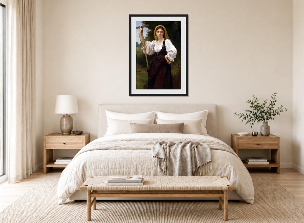 William-Adolphe Bouguereau Print, La faneuse (1870) displayed above a bed