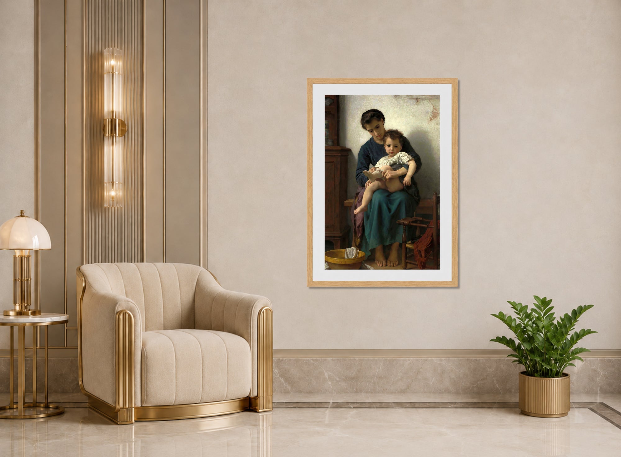 William-Adolphe Bouguereau Print, La grande soeur (1877) displayed in an Art Deco interior