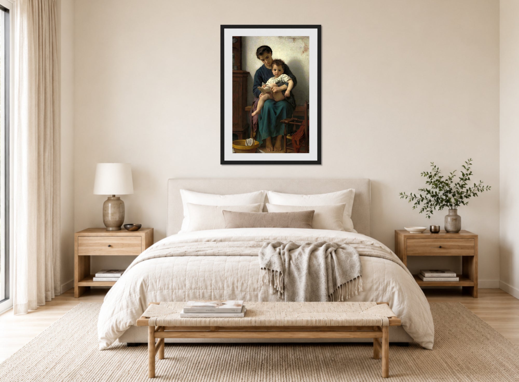 William-Adolphe Bouguereau Print, La grande soeur (1877) displayed above a bed