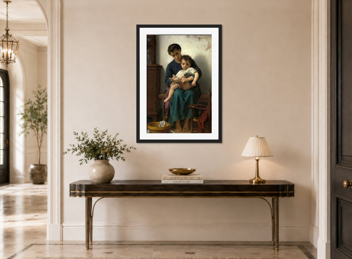 William-Adolphe Bouguereau Print, La grande soeur (1877) displayed above a console table