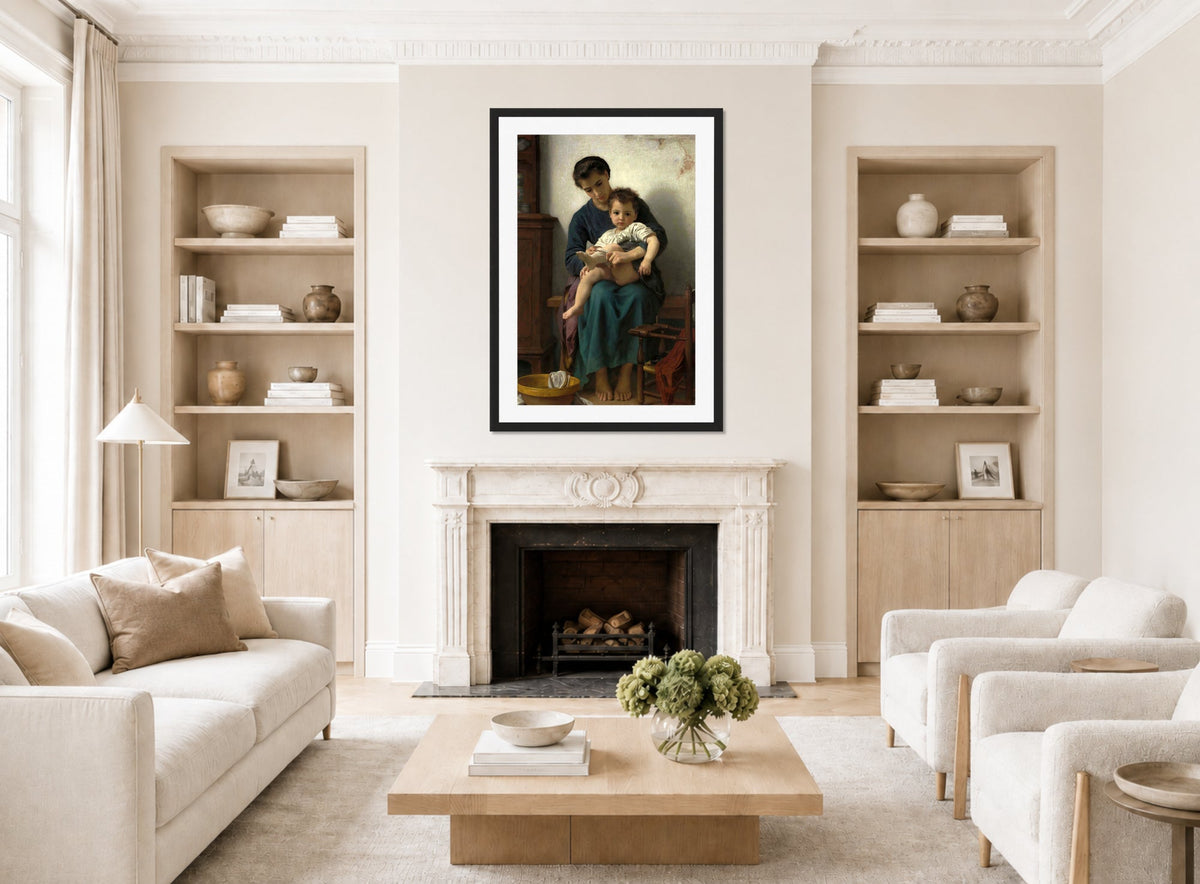 William-Adolphe Bouguereau Print, La grande soeur (1877) displayed in a Scandinavian living room