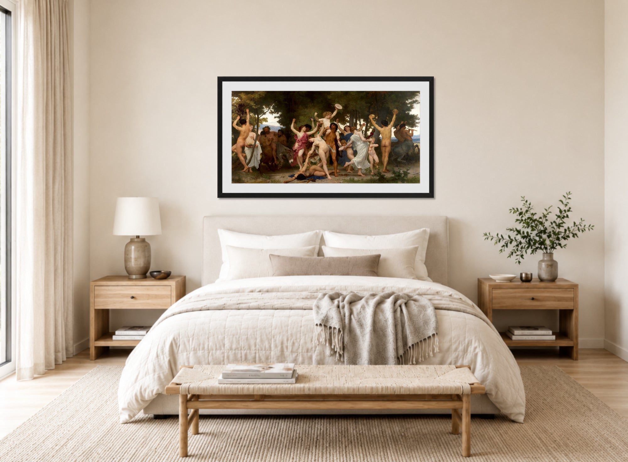 William-Adolphe Bouguereau Print, La Jeunesse de Bacchus (The Youth of Bacchus) (1884) displayed above a bed