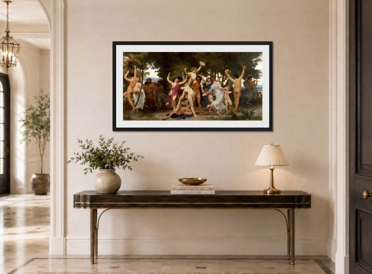 William-Adolphe Bouguereau Print, La Jeunesse de Bacchus (The Youth of Bacchus) (1884) displayed above a console table