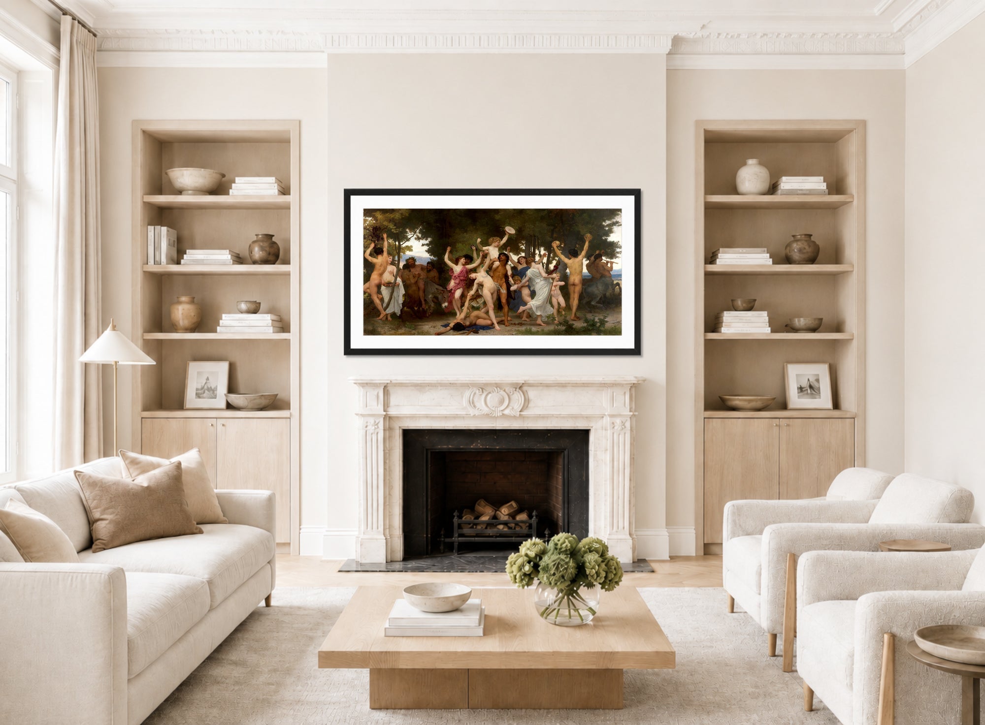 William-Adolphe Bouguereau Print, La Jeunesse de Bacchus (The Youth of Bacchus) (1884) displayed in a Scandinavian living room