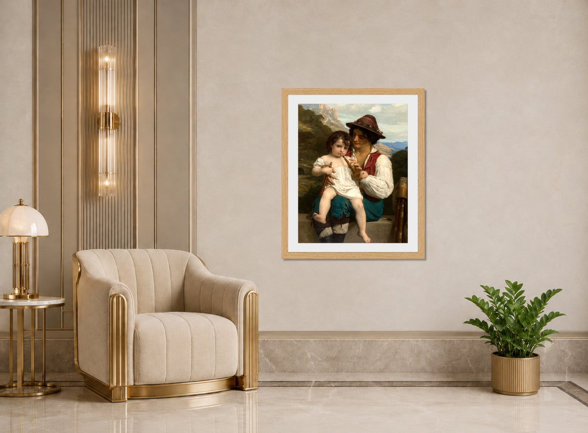 William-Adolphe Bouguereau Print, La leçon de flûte (1868) displayed in an Art Deco interior