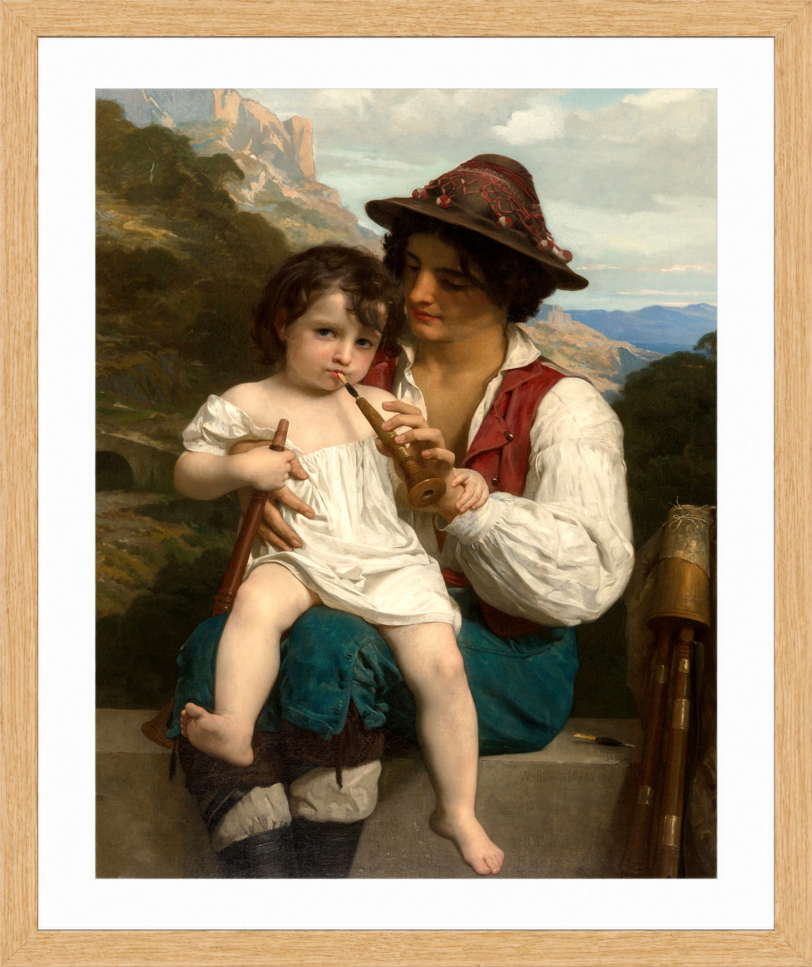 William-Adolphe Bouguereau Print, La leçon de flûte (1868) in a light oak frame