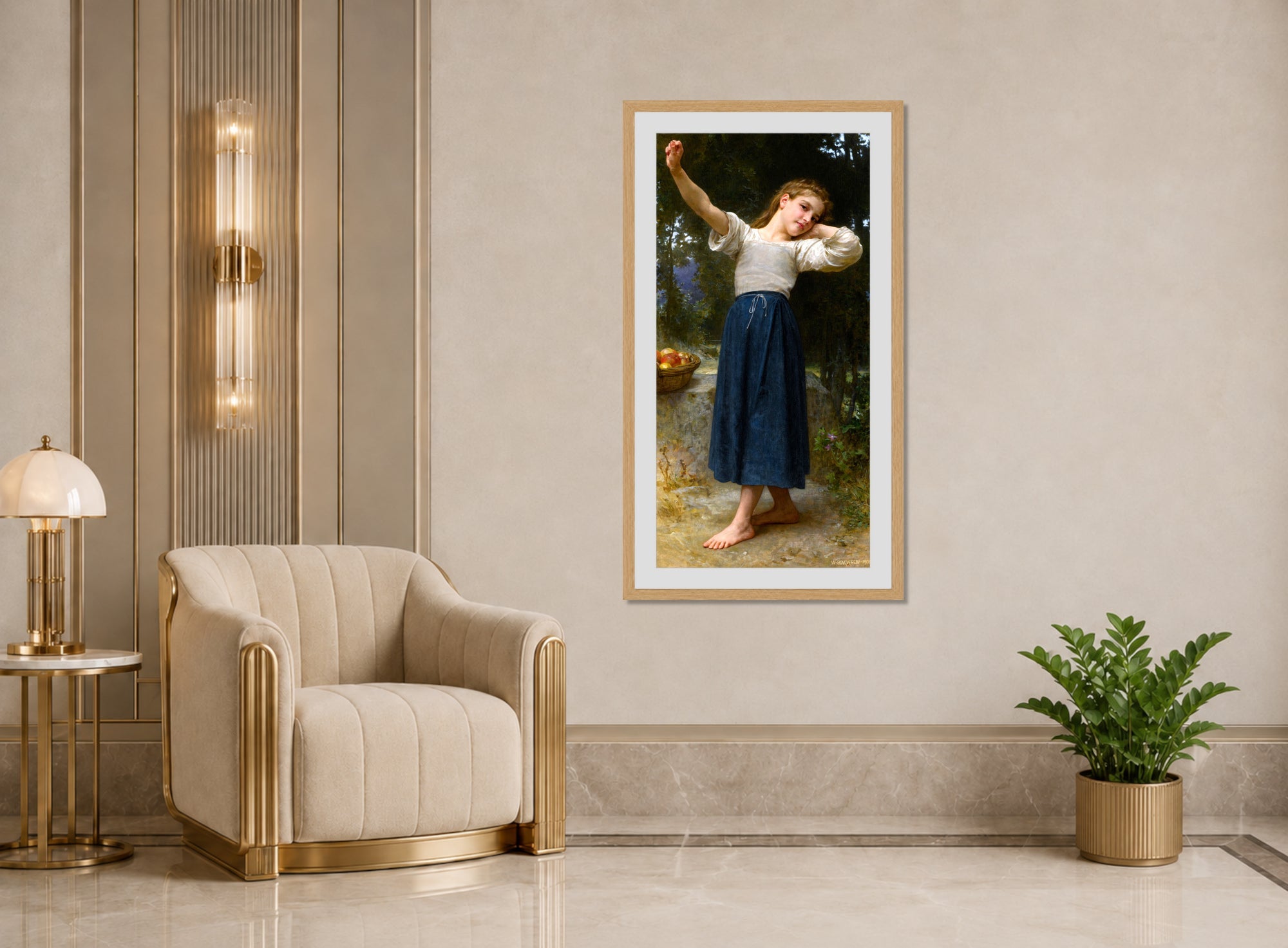 William-Adolphe Bouguereau Print, La paresseuse (1901) displayed in an Art Deco interior