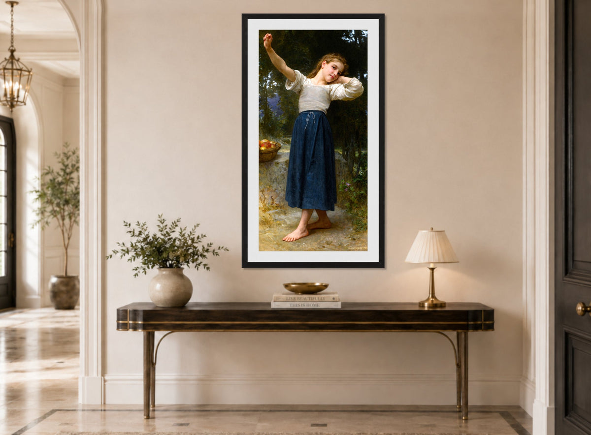 William-Adolphe Bouguereau Print, La paresseuse (1901) displayed above a console table