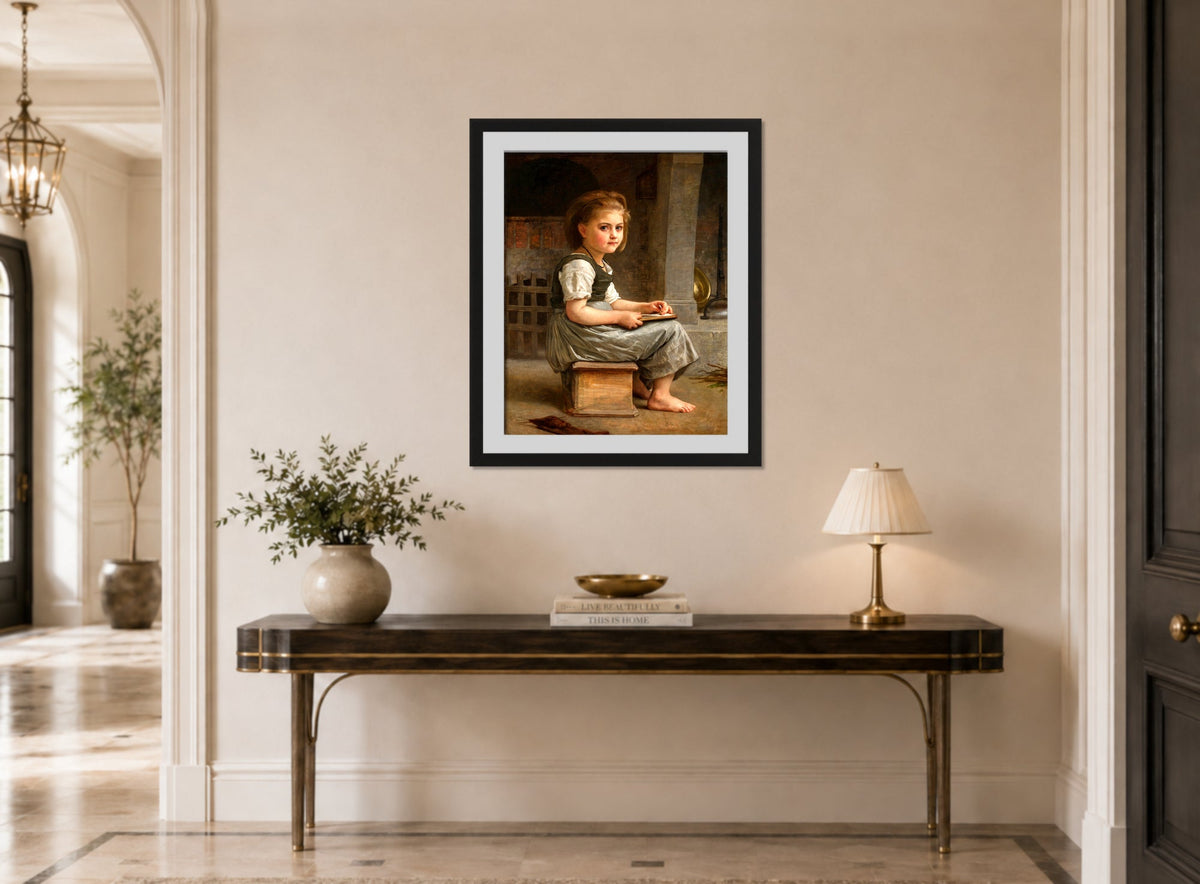 William-Adolphe Bouguereau Print, La petite écolière (The Little Schoolgirl) (1879) displayed above a console table
