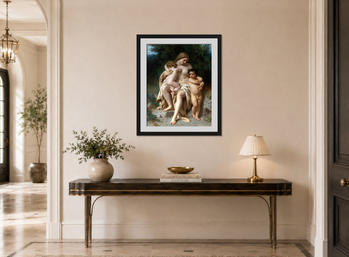William-Adolphe Bouguereau Print, La Première Discorde (Cain And Abel) (1861) displayed above a console table