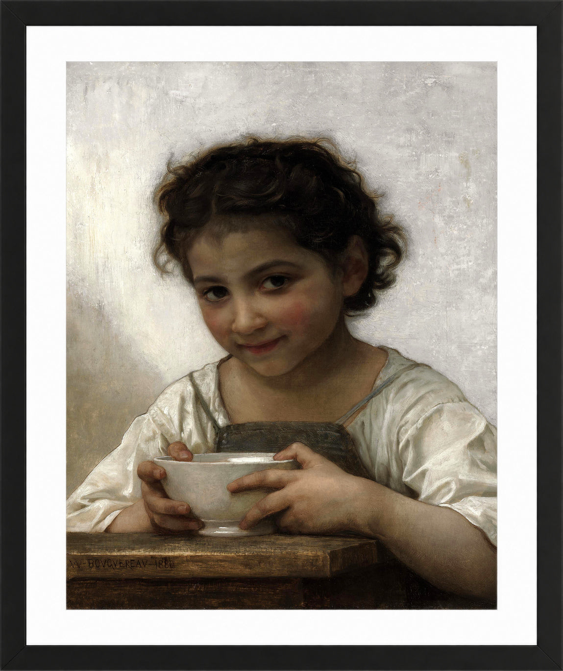 William-Adolphe Bouguereau Print, La soupe au lait (1880) in a black frame