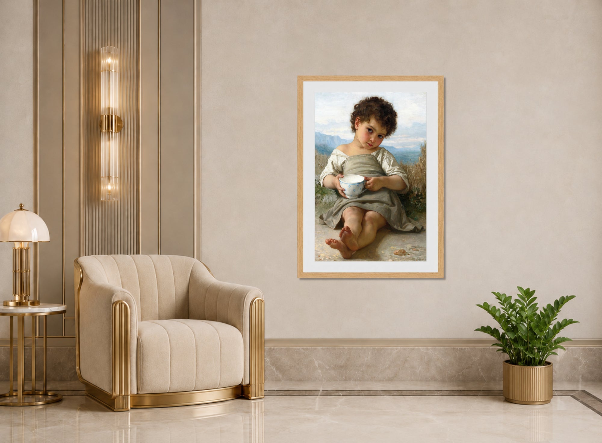 William-Adolphe Bouguereau Print, La Tasse De Lait (1879) displayed in an Art Deco interior